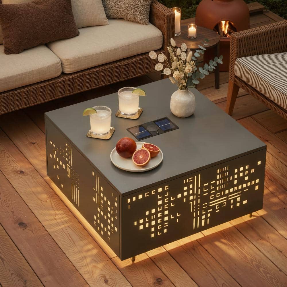 "Kenridge 27"" Square Metal Outdoor Patio Coffee Table with Umbrella Hole and LED Lights in Gray" price history on PriceWatchPro
