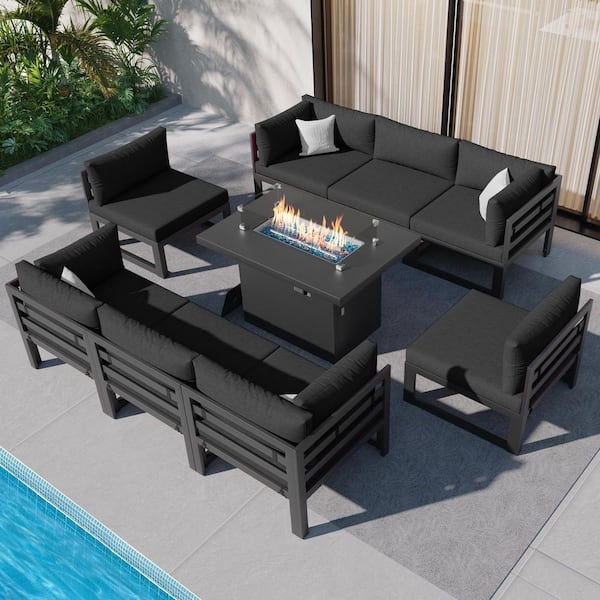 Unbranded 9-Piece Luxury Gray Aluminum Patio Conversation Fire Pit Set Sectional Deep Seating Set with Dark Gray Cushions