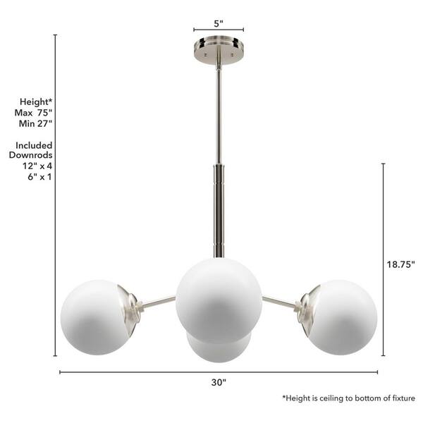 Hunter Hepburn 4-Light Brushed Nickel Branch Chandelier with Cased White Glass Shades