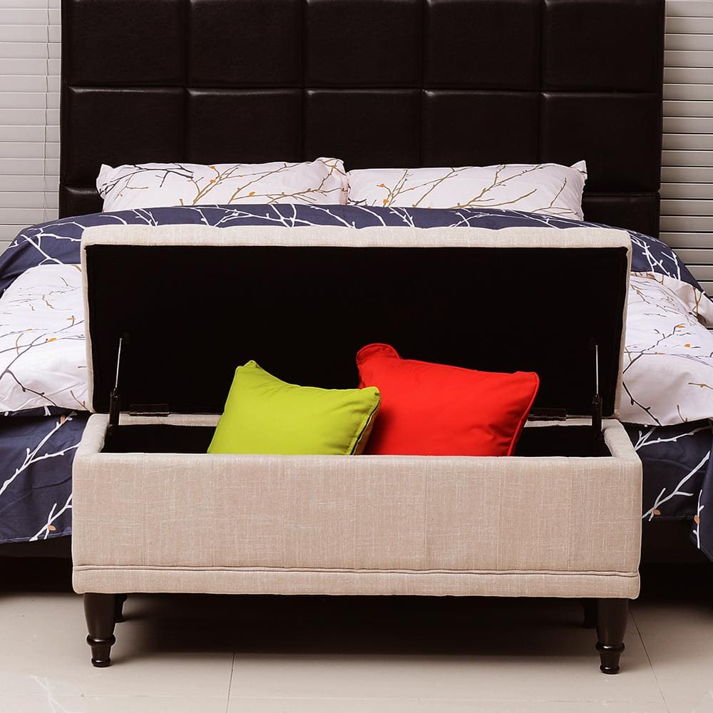 Beige Linen Tufted Storage Ottoman Bench with Hardwood Legs