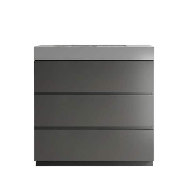 Unbranded 35.8 in. W x 18.1 in. D x 37 in. H Single Sink Freestanding Bath Vanity in Gray with White Stone Top and 3-Drawers