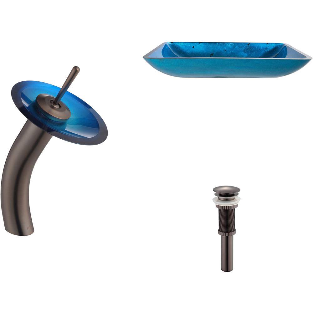 Fire Blue Rectangular Glass Vessel Sink with Waterfall Faucet