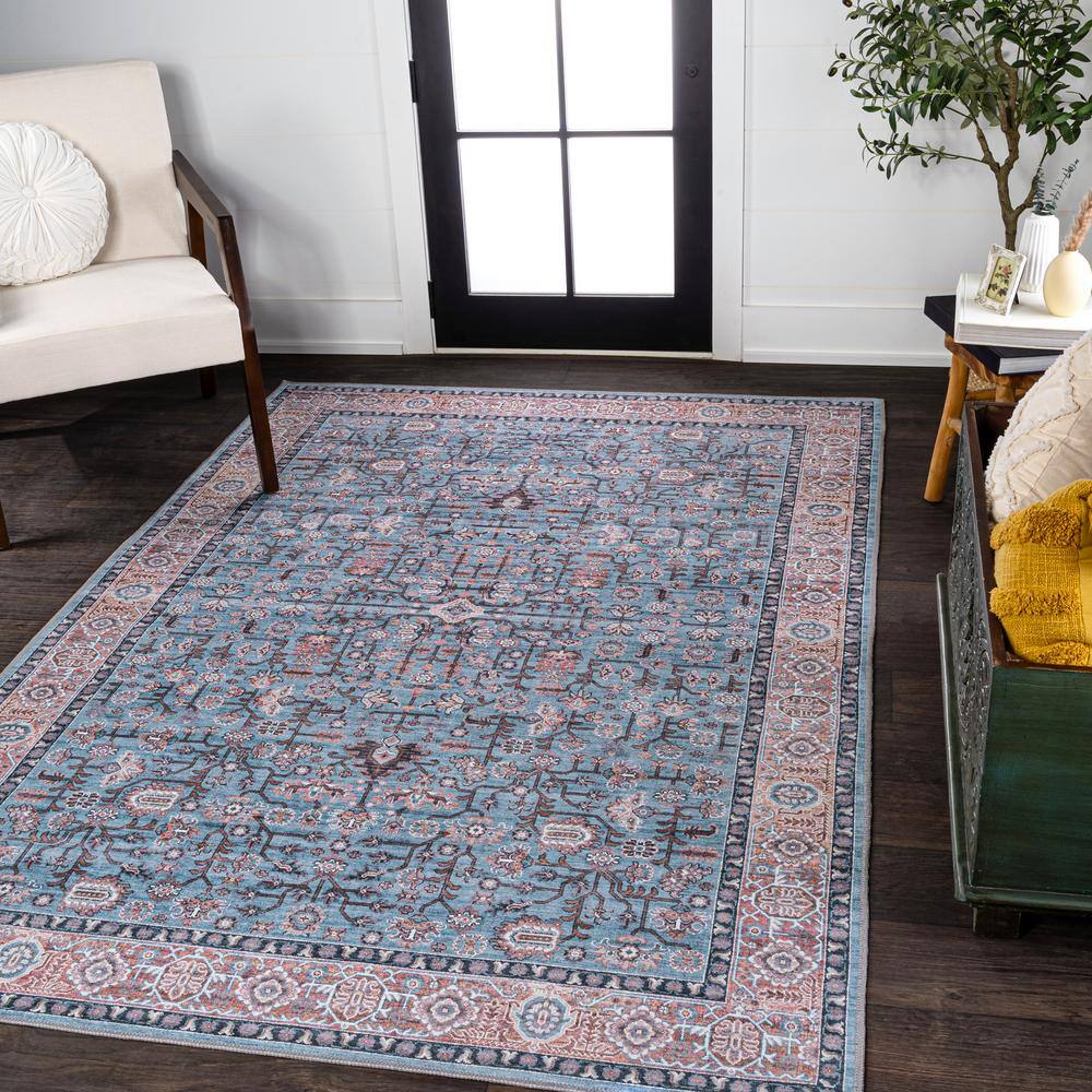 Persian-Inspired Blue and Red Chenille Washable Area Rug