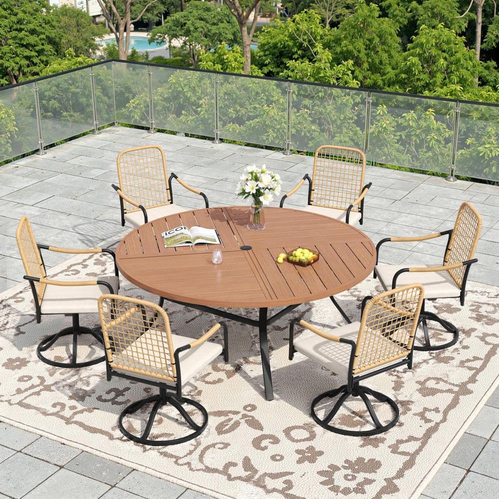 7-Piece Metal Outdoor Dining Set with 53.1 in. Walnut Round Table and 6 Swivel Wicker Chairs with Beige Cushions price history on PriceWatchPro