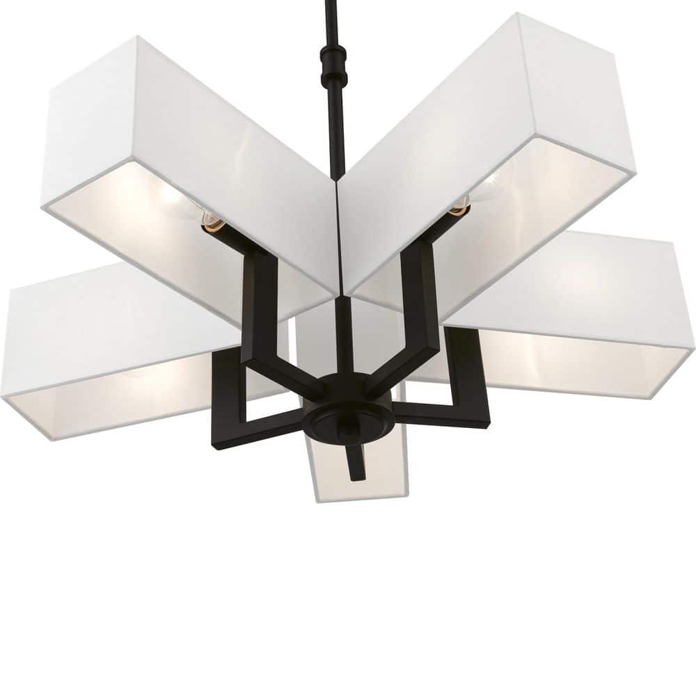 Satin Brass and Black 5-Light Chandelier with Fabric Shades