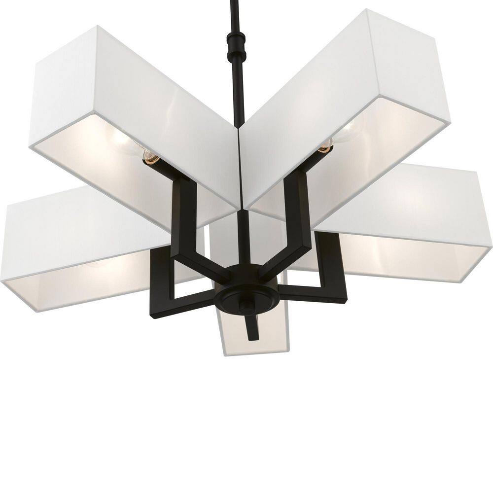 Satin Brass and Black 5-Light Chandelier with Fabric Shades