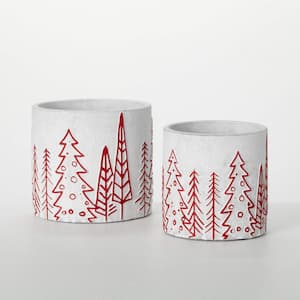 4.5 in. and 5 in.  Silhouette Christmas Tree Concrete Planters (Set of 2), White and Red