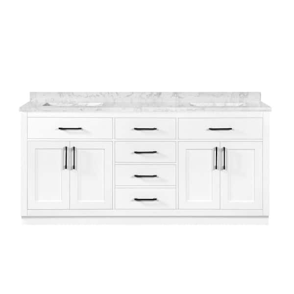Athea 72 in. Freestanding White Bath Vanity with White Engineered Marble Top, Power Bar and Matte Black Hardware