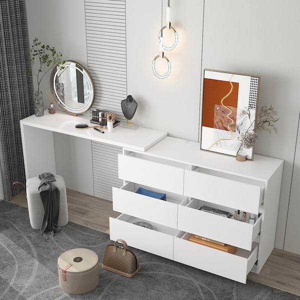 FUFU&GAGA 6-Drawer L-Shaped Dresser with Rotatable Desk 47.2 in. W x 51.2 in. D x 32.7 in. H
