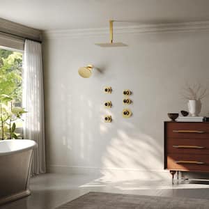 Rainfall 5-Spray Square 12 in. Shower System Shower Head with Handheld in Brushed Gold (Valve Included)