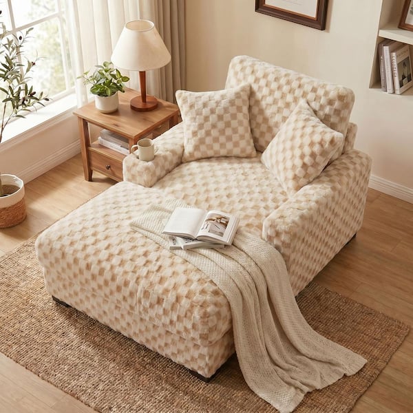 Paisley Diamond Pattern Sand Fabric Upholstered Arm Chair with Ottoman, Chaise Lounge with USB Port, Cup Holder