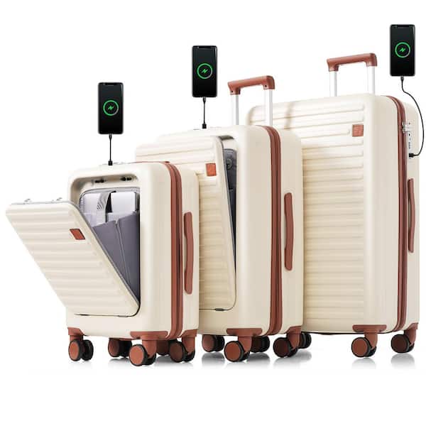 Aoibox 20 in. 24 in. 28 in. 3-Piece White Hardside Spinner Luggage Set with Cup Holder, Front Opening Design and USB Port