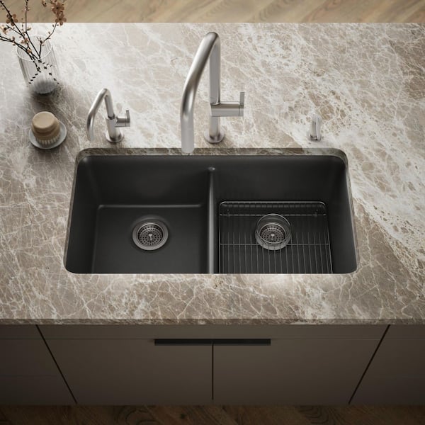 Cairn 33.5 in. Undermount Neoroc Granite Composite Double-Equal Kitchen Sink with Sink Rack in Matte Graphite