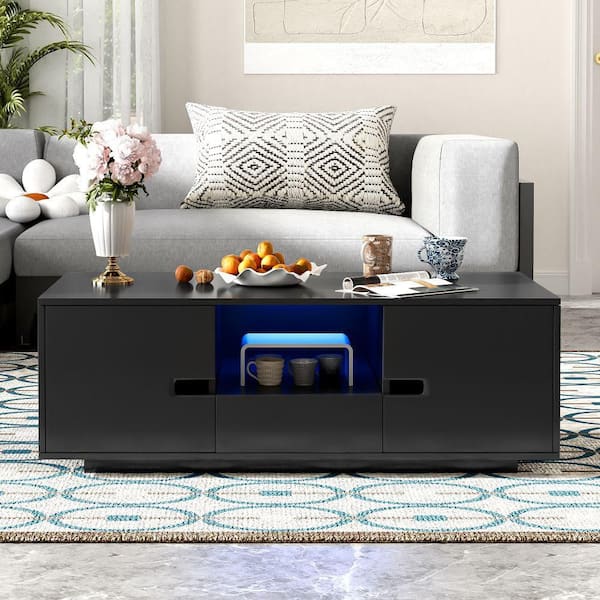Modern 47.2 in. Black Rectangle MDF Coffee Table with 16-Color LED Lights, 2 Cabinets, 1 Drawer for Living Room
