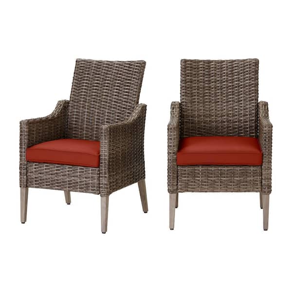 Hampton Bay Rock Cliff Brown Wicker Outdoor Patio Stationary Dining Chair with Sunbrella Henna Red Cushions (2-Pack)