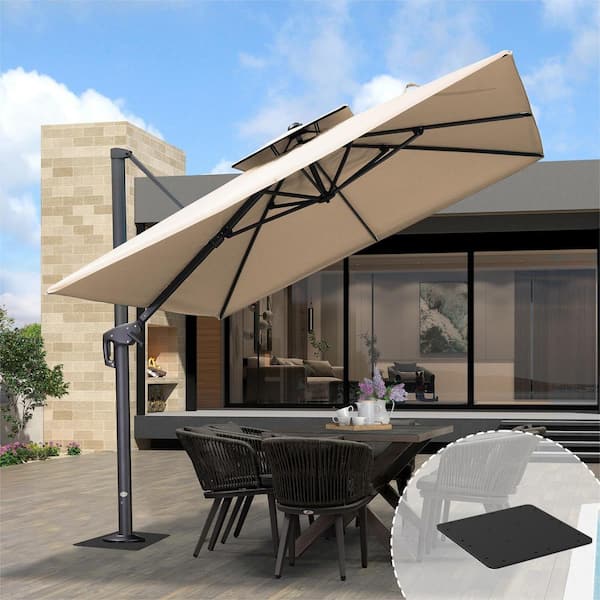 PURPLE LEAF 9 ft. x 12 ft. 2-Tier Aluminum Cantilever 360° Rotation Patio Umbrella with Base Plate, Beige
