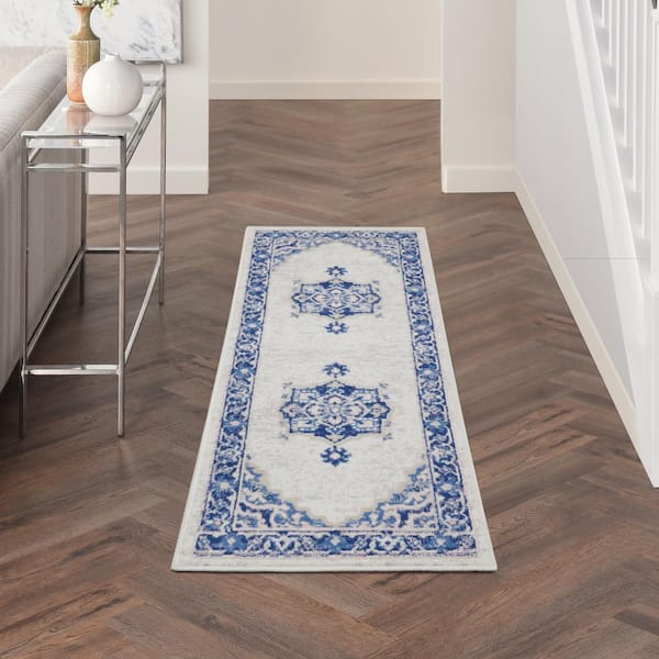 Whimsicle Ivory Blue 2 ft. x 6 ft. Center Medallion Traditional Runner Rug
