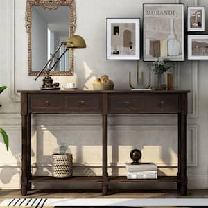 58 in. Espresso Rectangle Wood Console Table with Two Storage Drawers and Bottom Shelf for Living Room, Entryway