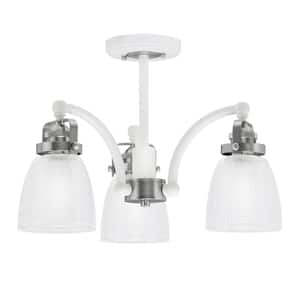 Decatur 15.25 in. 3-Light White and Nickel Semi-Flush with 5 in. Clear Ribbed Glass Shade No Bulbs Included