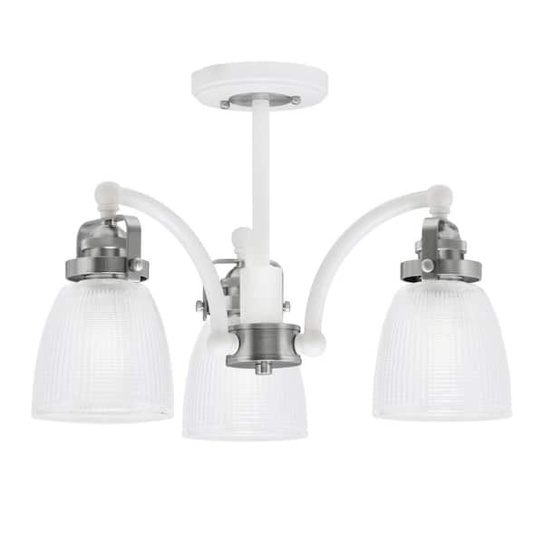 Unbranded Decatur 15.25 in. 3-Light White and Nickel Semi-Flush with 5 in. Clear Ribbed Glass Shade No Bulbs Included