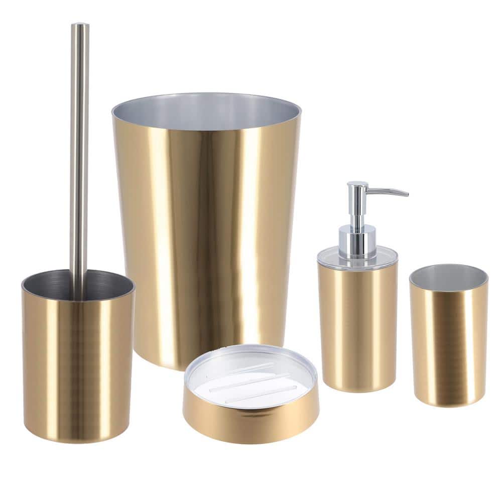 Gold and Silver Brushed Aluminum Toilet Brush and Holder Set