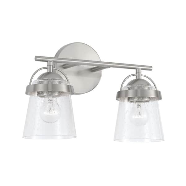 14 in. W x 9.5 in. H 2-Light Vanity Light in Brushed Nickel with Clear Seeded Glass