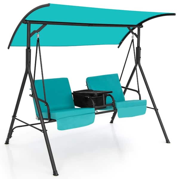 Gymax 2-Person Metal Canopy Porch Swing Padded Chair Cooler Bag Rotatable Tray Turquoise