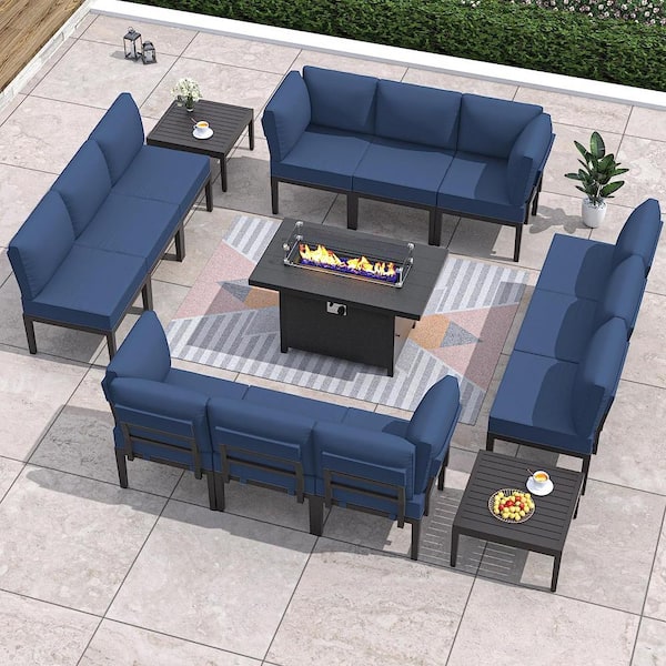 Halmuz 15-Piece Metal Patio Conversation Set with 55000 BTU Gas Fire Pit Table and Glass Coffee Table and Navy Cushions