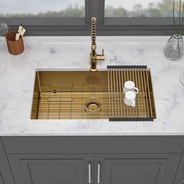 Qidian 32 in. Undermount Single Bowl 16 Gauge Gold Stainless Steel