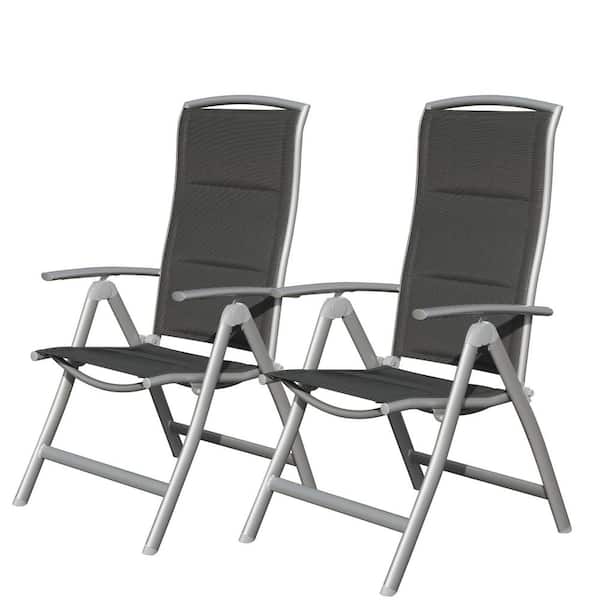 2 Pieces Dark Gray Aluminum Patio Folding Chairs, Outdoor Reclining Beach Chairs for Poolside with Cotton-Padded Seat