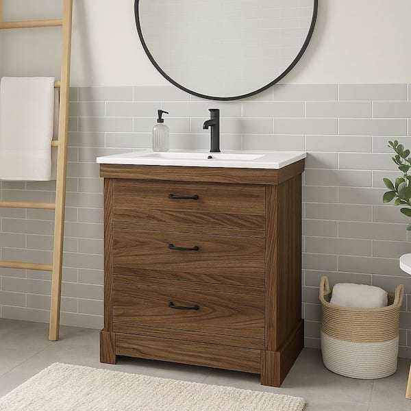 Donovan 36.02 in. W Single Sink Freestanding Walnut Bath Vanity with White Ceramic Integrated Square Top