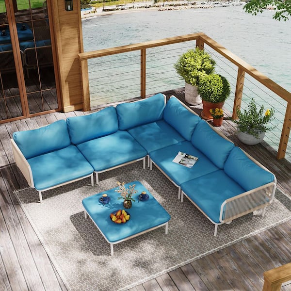 6-Piece All-Weather Metal Outdoor Patio Sectional Sofa with Blue Cushions and 12-Armrests