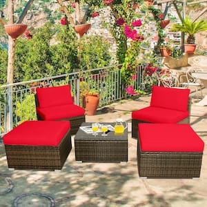 5-Piece Wicker Outdoor Sectional Set Sofa Set Lounge Chair with Red Cushions