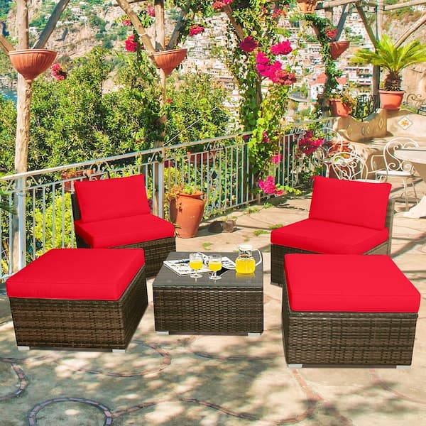 5-Piece Wicker Outdoor Sectional Set Sofa Set Lounge Chair with Red Cushions