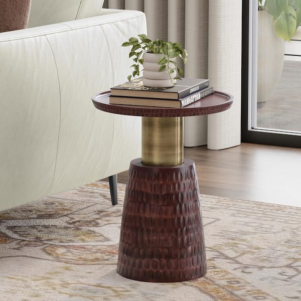 Breanna 16 in. Wide Round Mango Wood/Metal End Table in Walnut Brown/Gold