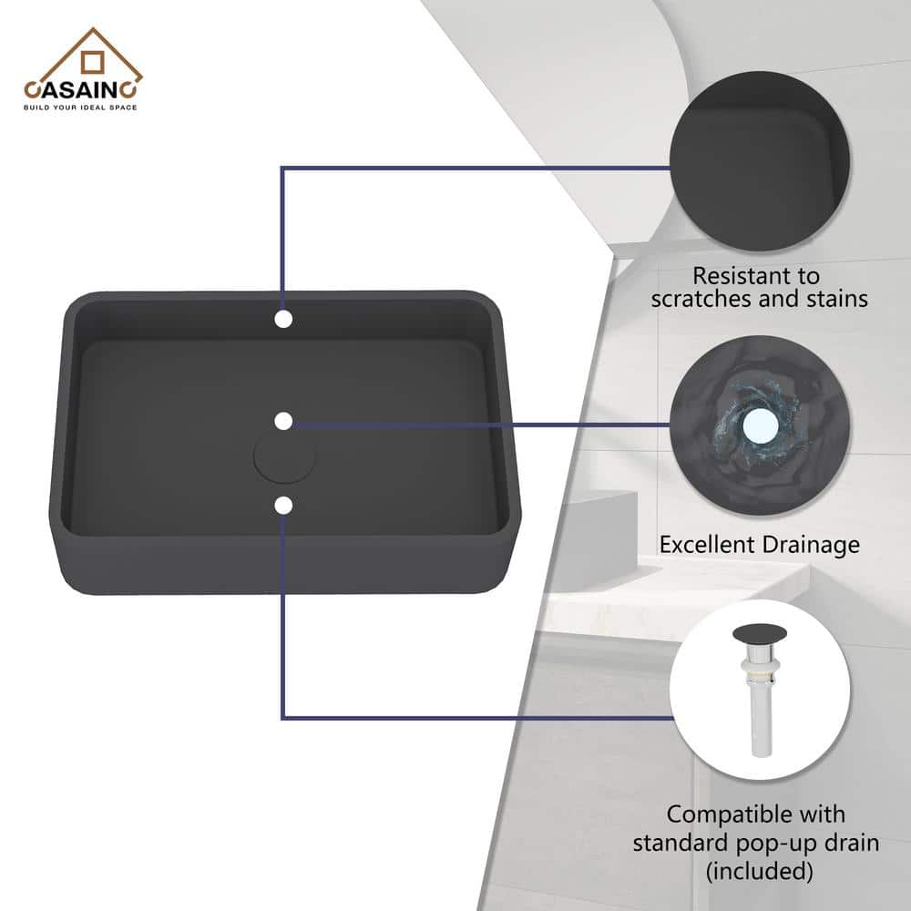 Black Earth Rectangular Concrete Bathroom Vessel Sink with Drainer