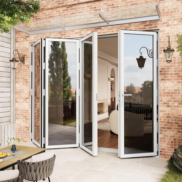 120 in. x 96 in. Left Center Opening/Outswing Double Tempered Glass White Aluminum Folding Patio Door