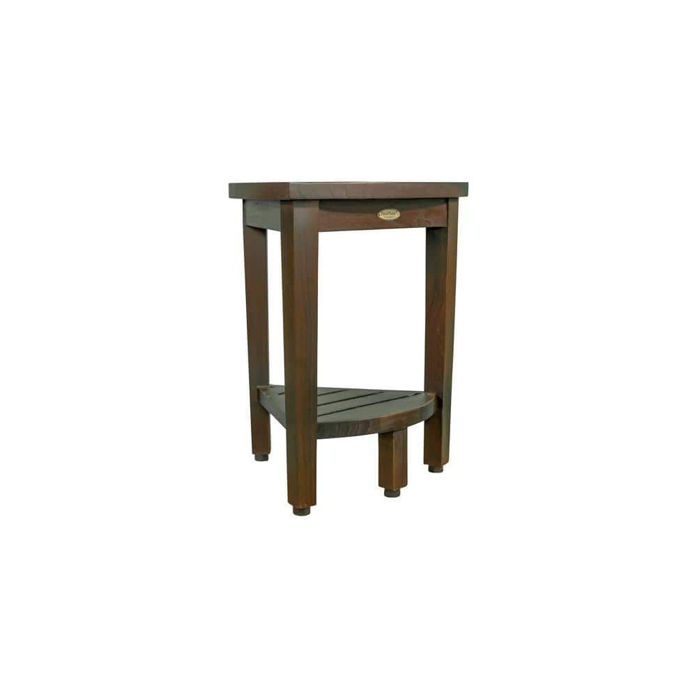 Compact Woodland Brown Teak Corner Shower Bench with Shelf