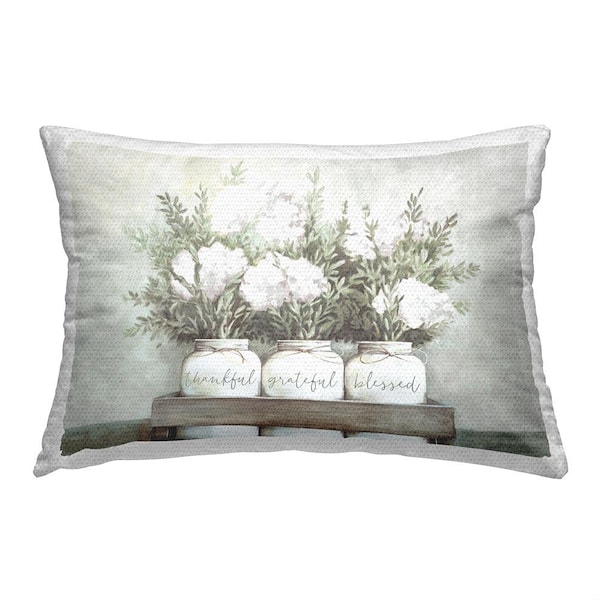 Thankful Grateful Florals Grey Rectangular Outdoor Throw Pillow