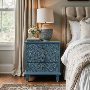 Blue Vintage Scrollwork Embossed 3-Drawer Nightstand for Bedroom, Farmhouse End Side Table for Living Room