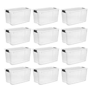 70 Qt. Plastic Stacking Storage Box in White Lid and Clear Base with Black Latches (12-Pack)