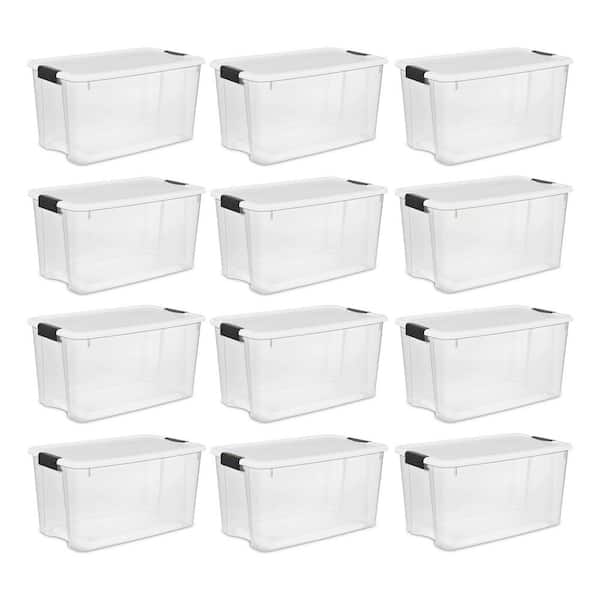 70 Qt. Plastic Stacking Storage Box in White Lid and Clear Base with Black Latches (12-Pack)