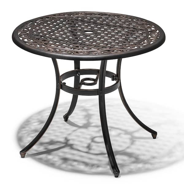 35 in. Outdoor Round Patio Aluminum Bistro Tablewith Umbrella Hole in Antique Bronze