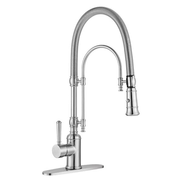 20.7 in. H Single Handle Deck Mount Pull Down Sprayer Kitchen Faucet with 360° Spout Swivel in Brushed Nickel﻿