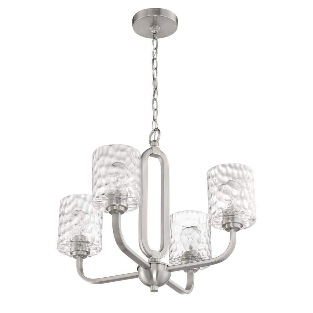 Elegant Brushed Nickel 4-Light Chandelier with Crystal Clear Hammered Glass