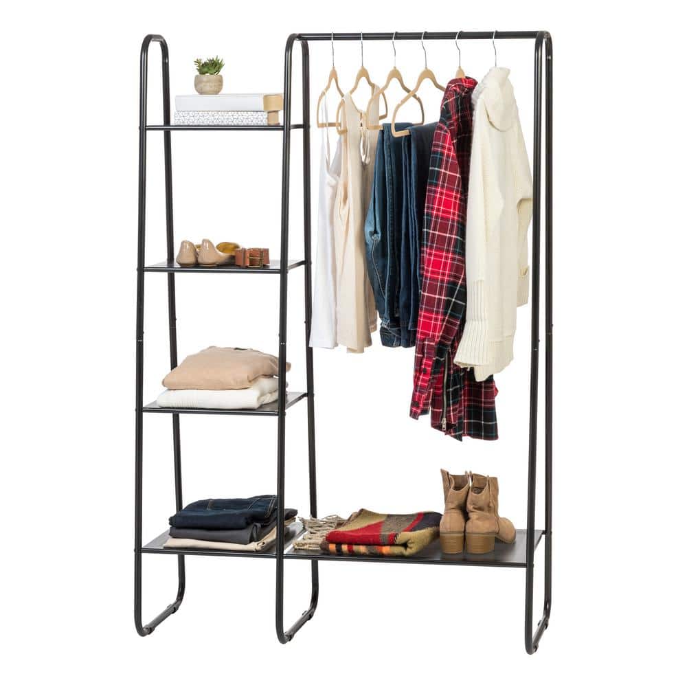 Black Metal Portable Garment Rack with Shelves