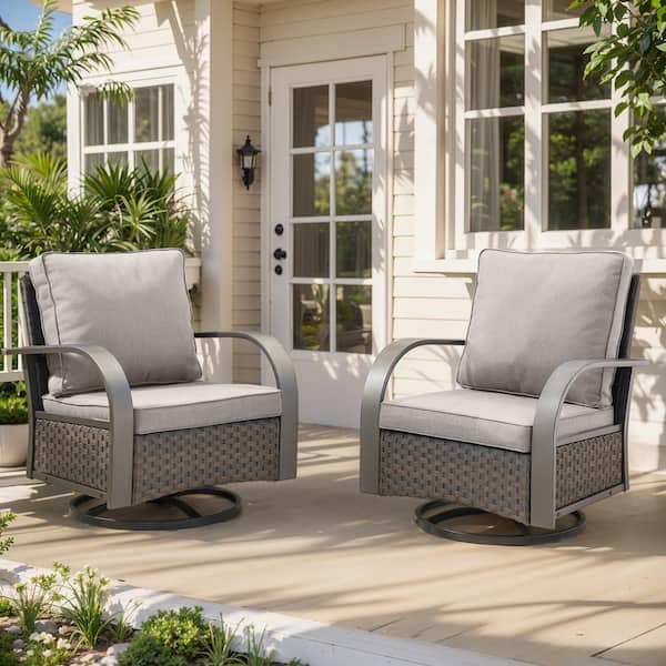 Brown Swivel Glider Wicker Outdoor Rocking Chair with Beige Cushions Curved Metal Armrest (2-Pack)