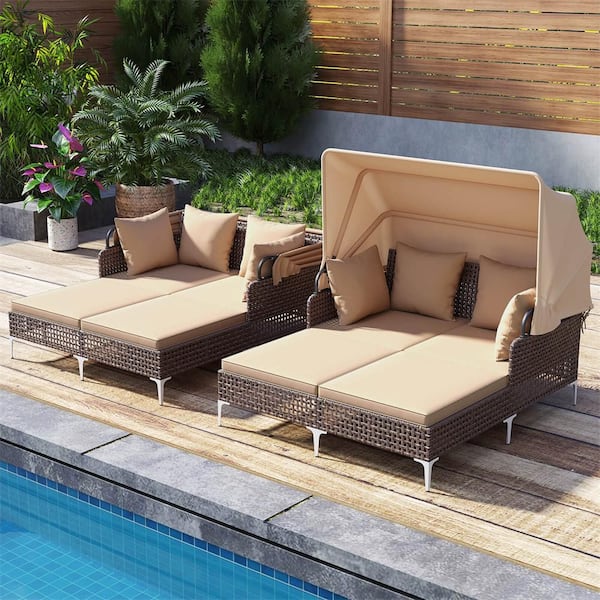 1-Piece Plastic Rattan Outdoor Day Bed with Retractable Canopy and Beige Cushions