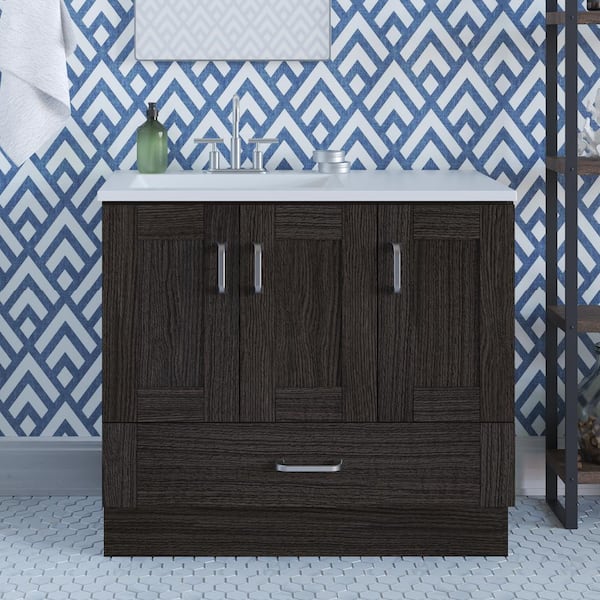 Home Decorators Collection Erskine 36 in. W x 19 in. D x 33 in. H Single Sink Freestanding Bath Vanity in Milano Oak with White Cultured Marble Top