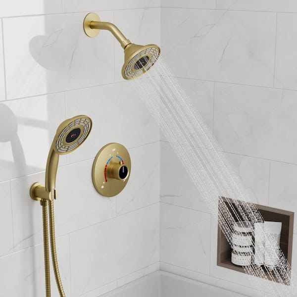 YAWWALK 2-Spray 5 in. Digital Display Dual Shower Head Wall Mount Handheld Shower Head in Brushed Gold (Valve Included)